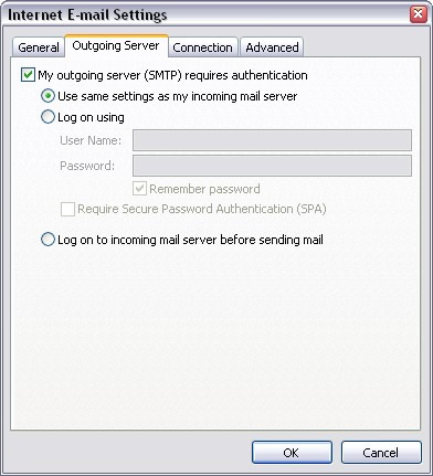 Outlook 2007 - Outgoing Server Advanced Settings